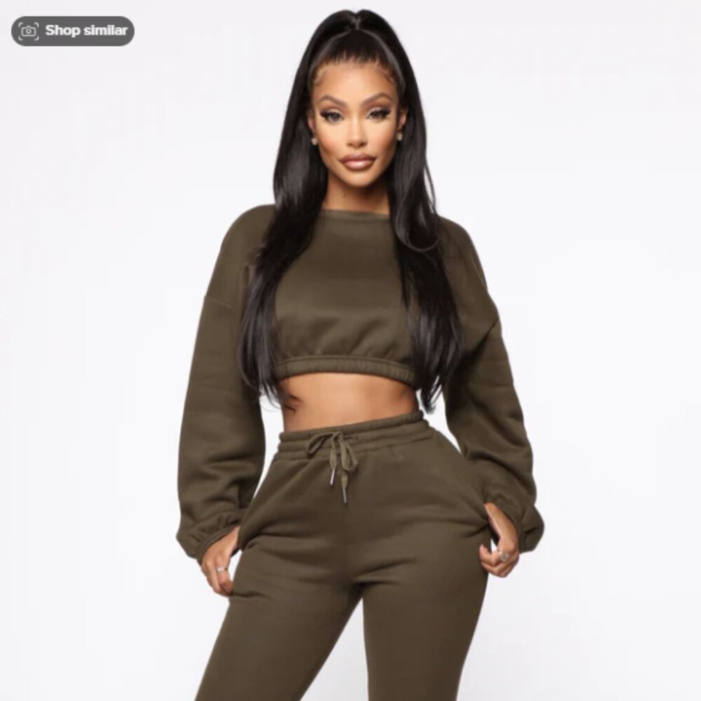 Fashion Nova Olive Green Cropped Top Sweat Pants Set